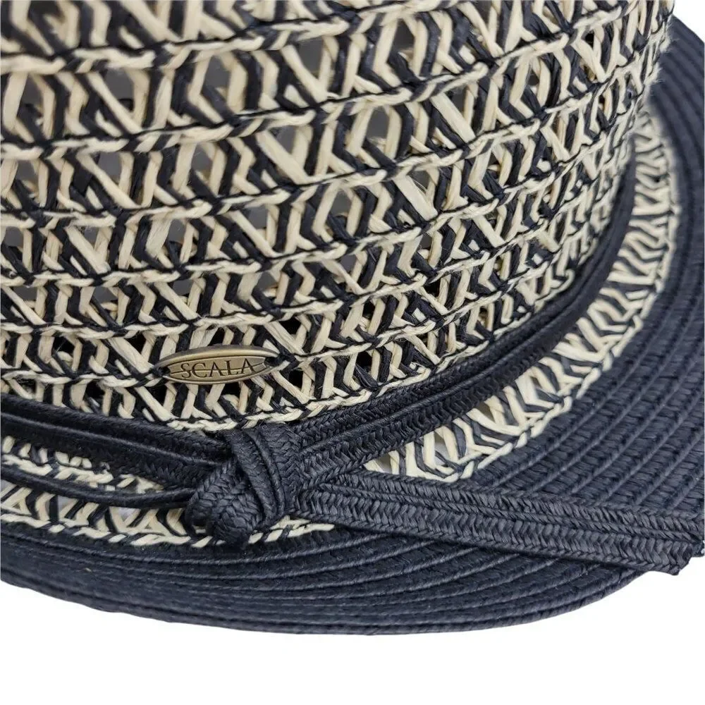 Scala Pronto Retro 60's Trilby Paper Braided Narrow Brim Fedora‎ Hat Black Tan